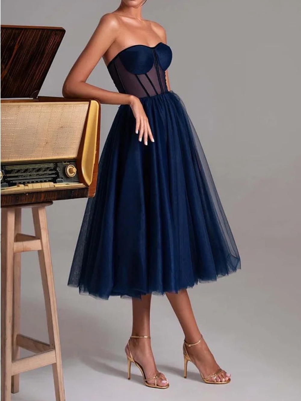 Strapless Navy Tulle Midi Dress with Corset Bodice